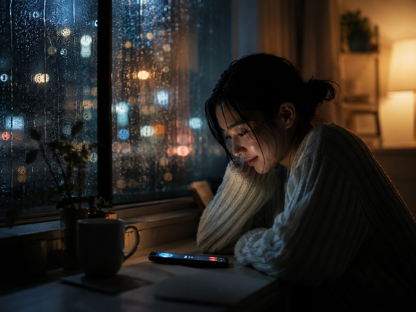 雨の窓辺で光る電話