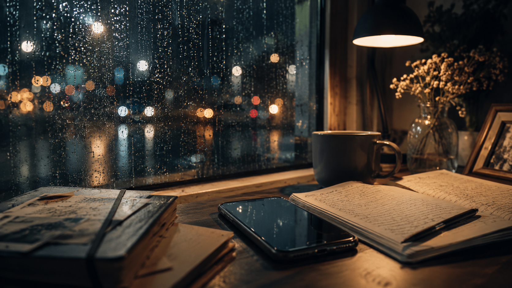 雨の窓辺の編集室と電話