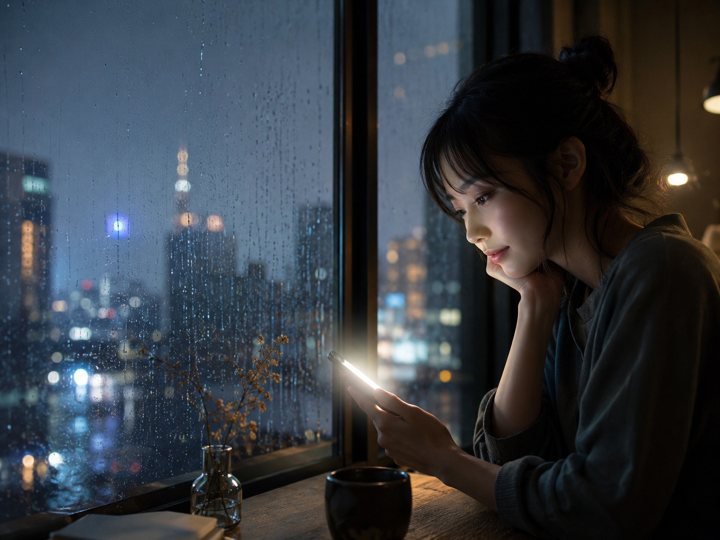雨の東京の窓辺で光るスマートフォン