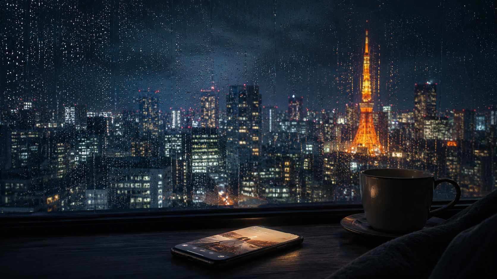 雨の東京の窓辺で光る電話