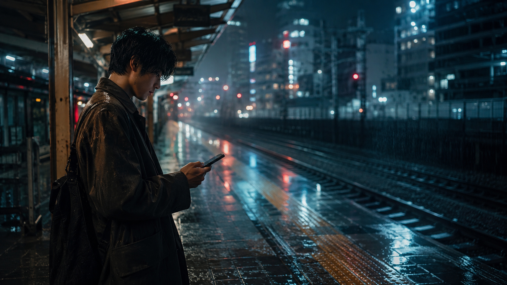 雨の駅のホームと電話