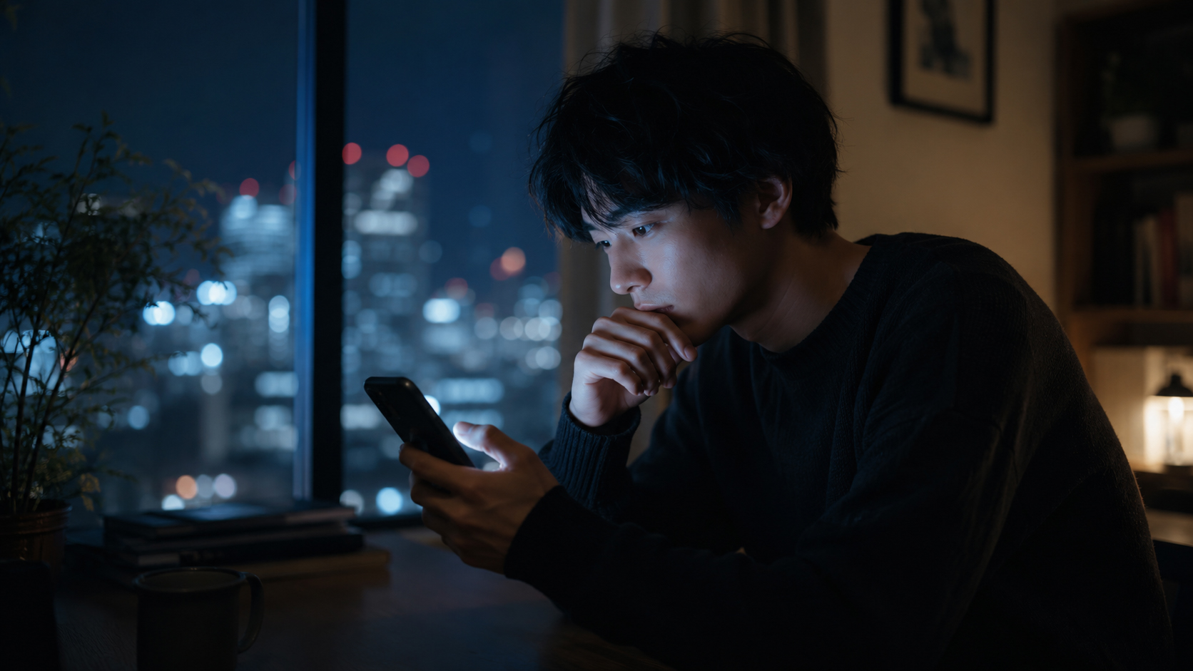 夜の部屋でLINEのようなチャット画面が光るスマートフォン