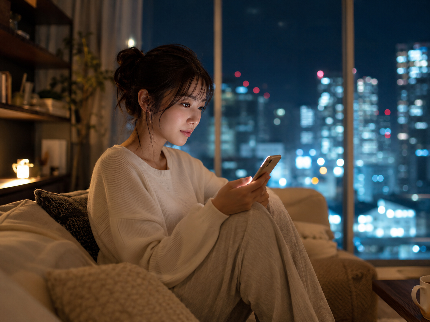京都の夜道とスマートフォンの光