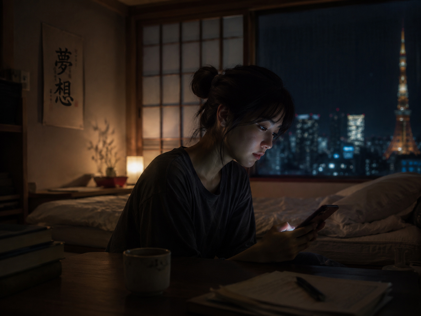 夜の部屋で光るスマートフォン