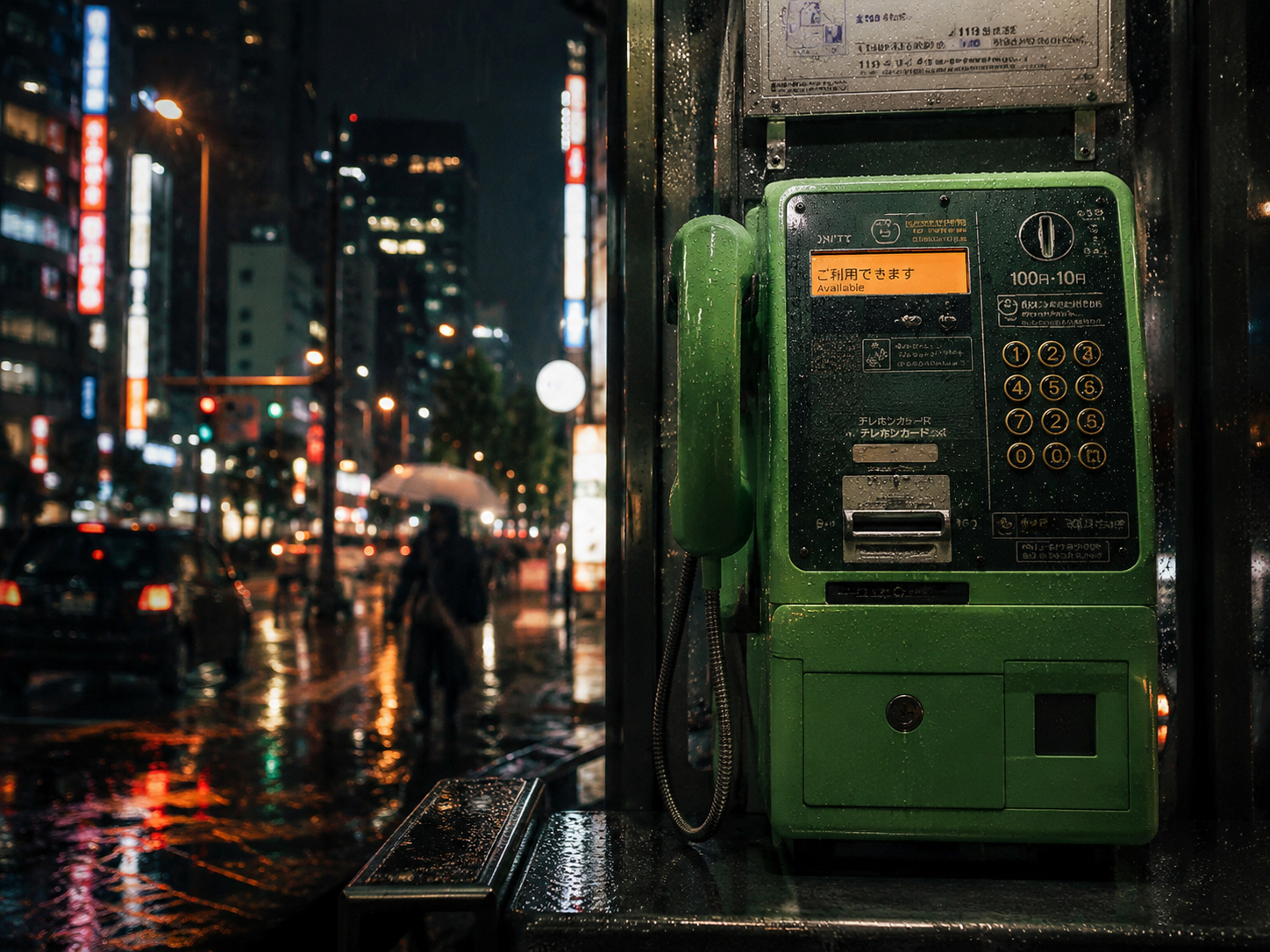 雨の街角にある公衆電話