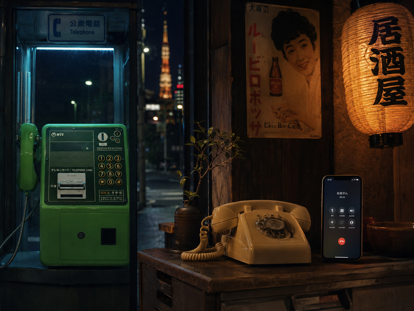 公衆電話、家の電話、携帯電話が並ぶ夜の机