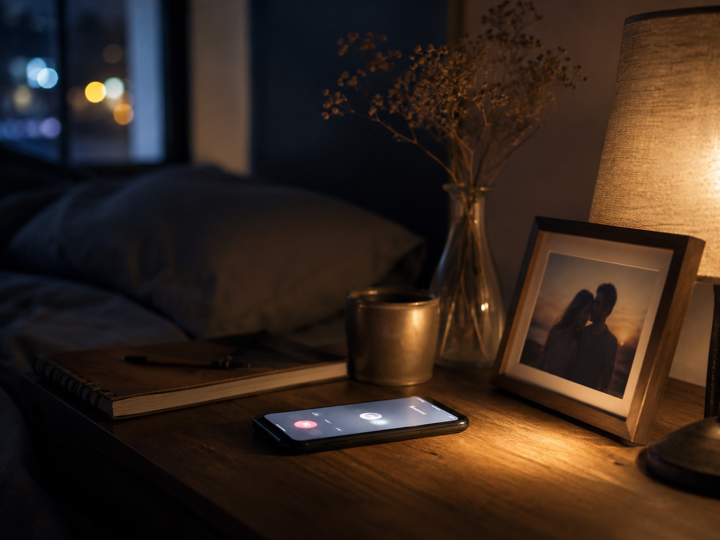 夜の部屋で光るスマートフォン