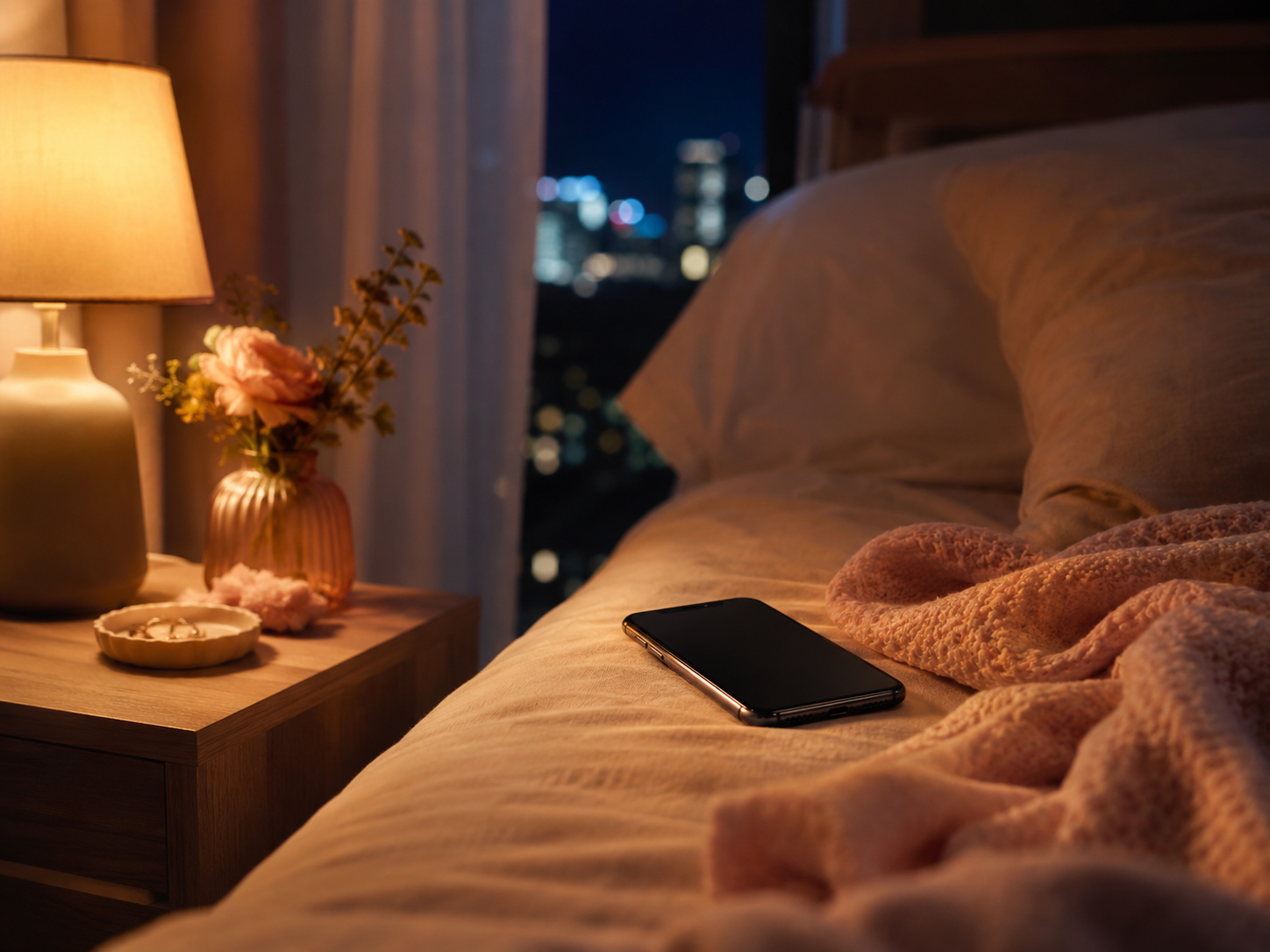 夜の寝室とスマートフォン
