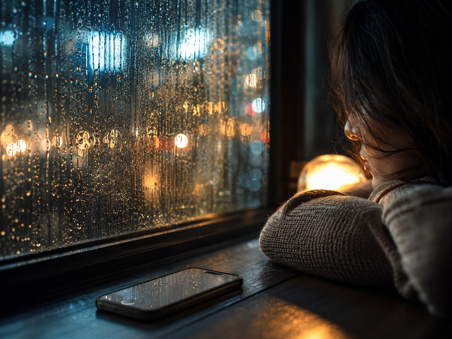 雨の窓辺で電話を持つ人
