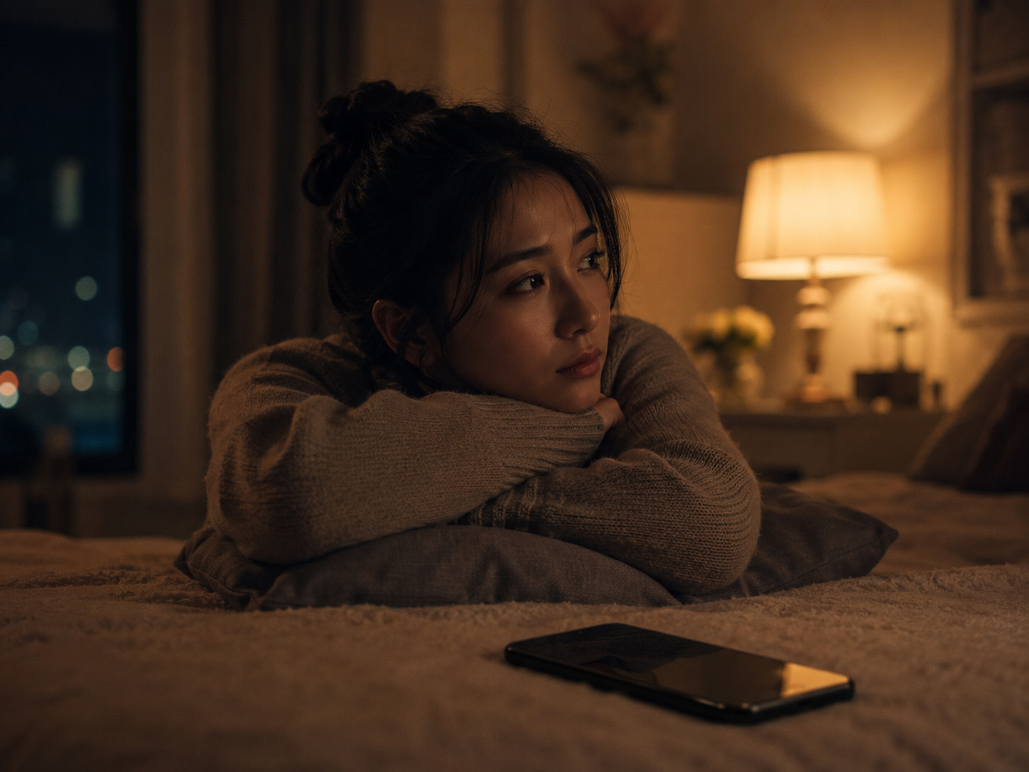 夜の部屋で電話を待つ人