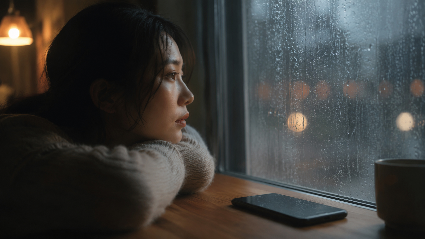 雨の窓辺で電話を持ち、誰かの声を思い出す静かな夜