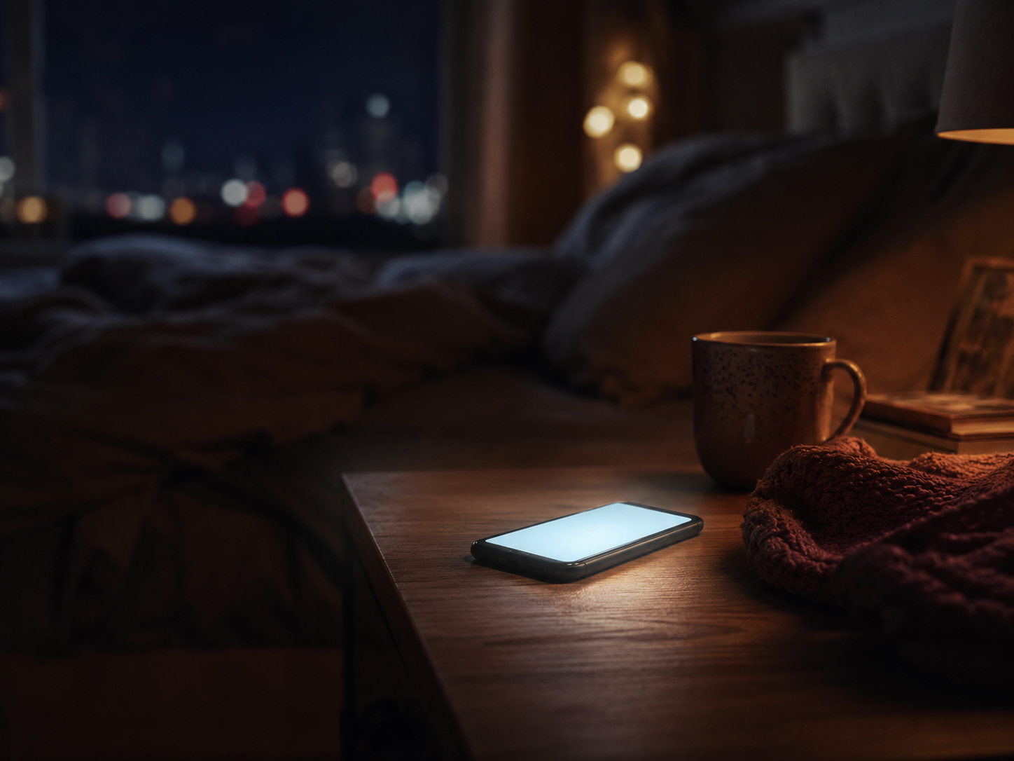 夜の部屋でスマートフォンの光を見つめながら電話を待つ人