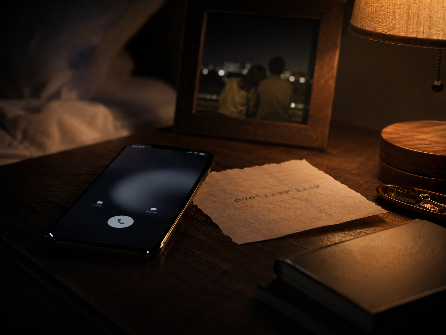 夜の机に置かれた古い電話番号のメモと光るスマートフォン