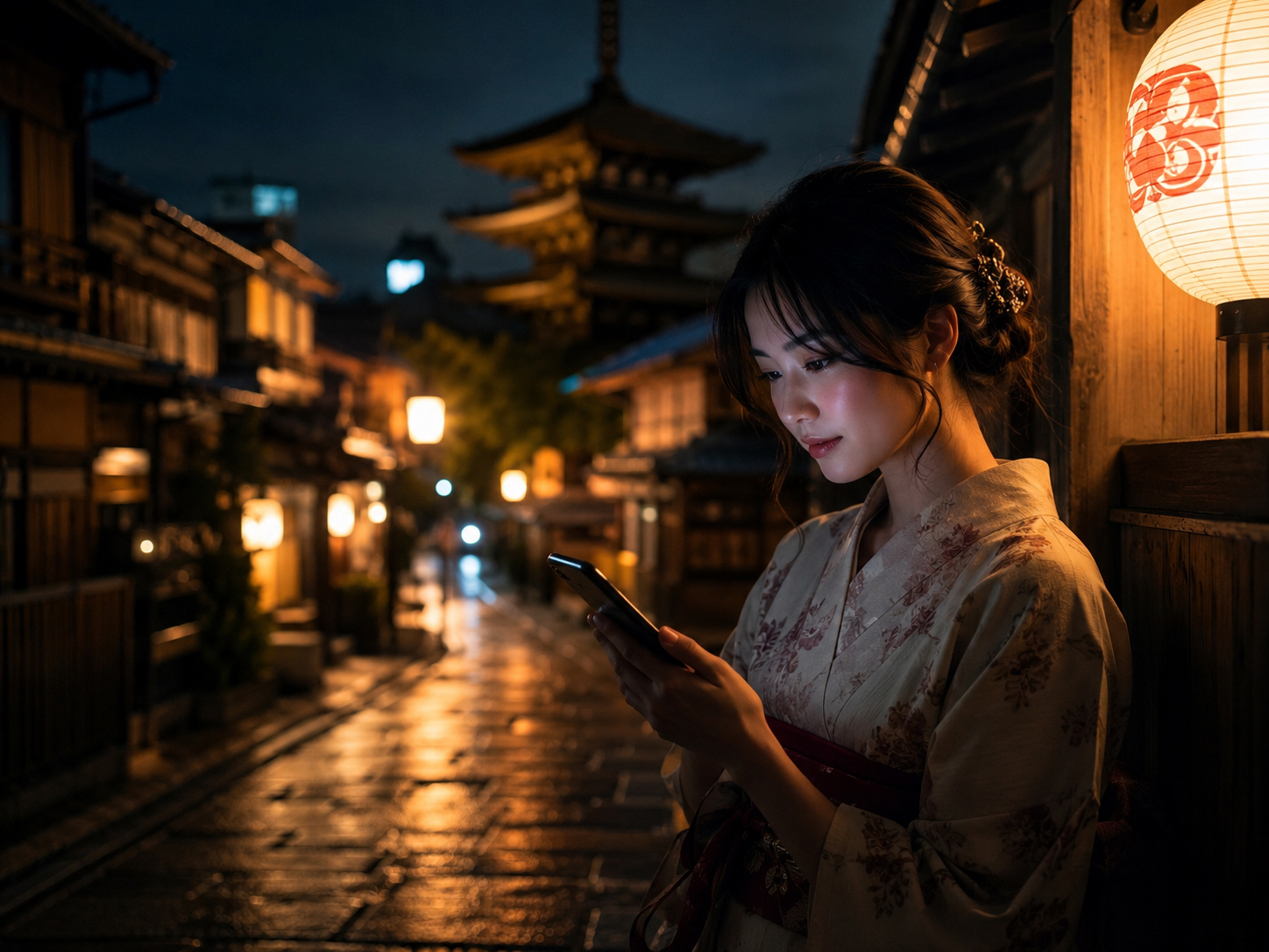 京都の夜道と光る電話