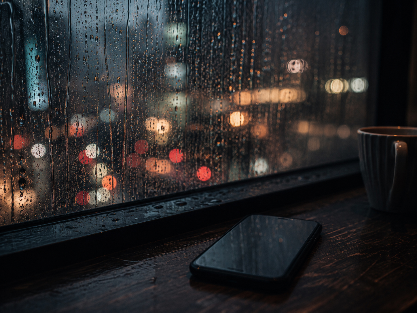 雨の窓辺で光る電話