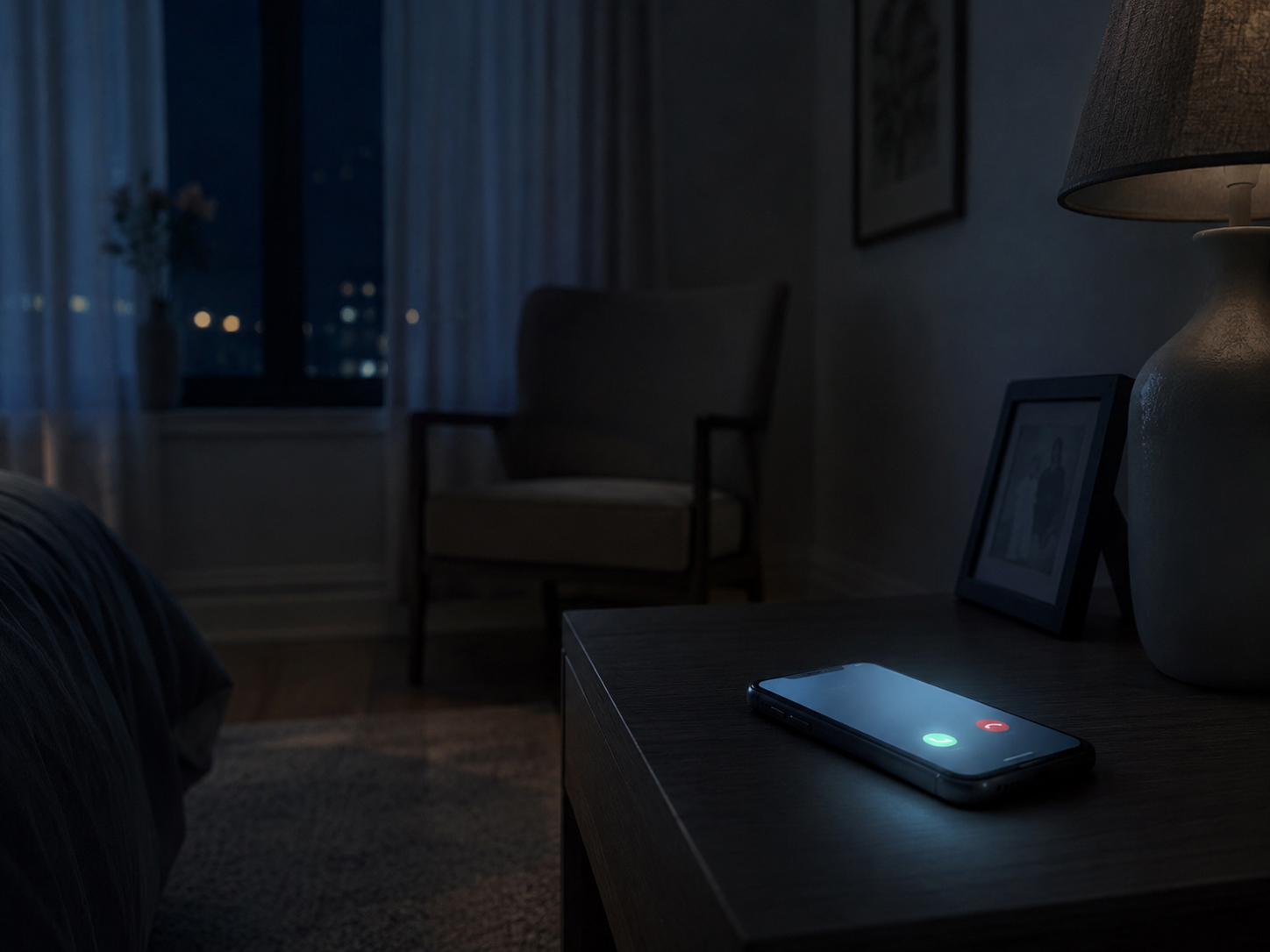 静かな夜の部屋で不在着信を表示するスマートフォン