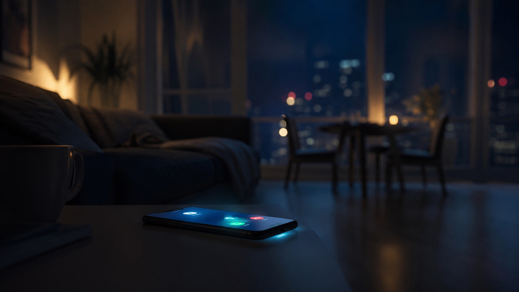 静かな夜の部屋で不在着信を表示するスマートフォン