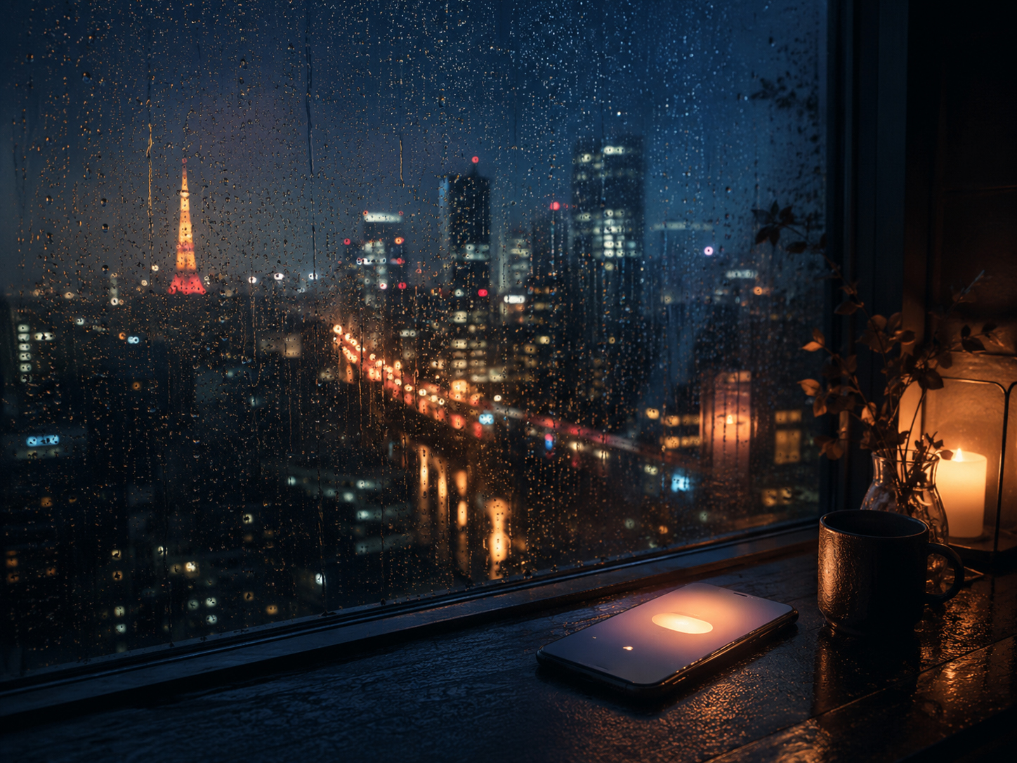雨の東京の窓辺でスマートフォンが光る夜